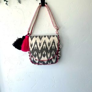 Charcoal and Ivory Crossbody with Embroidered Straps and Tassels - NWT